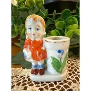 Occupied Japan Girl Figurine Toothpick Holder –Hand Painted Miniature Vase 1940s